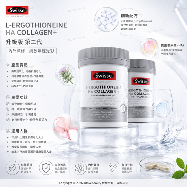 Swisse Beauty L-Ergothioneine HA Collagen+ 膠原麥角硫因提拉飲片劑 玻尿酸超光瓶 第二代升級版