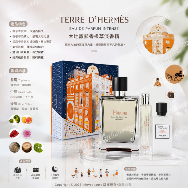 愛馬仕大地馥郁香根草(Terre d'Hermès Eau Intense Vétiver)三件套裝