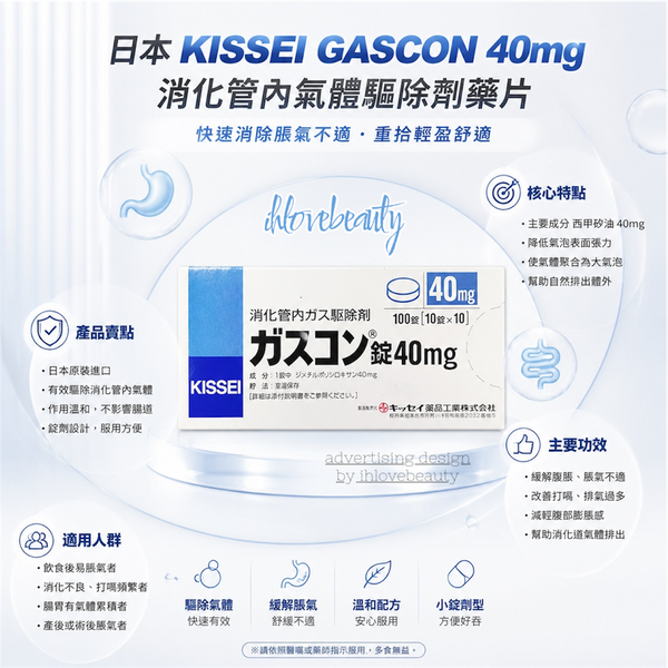 日本 Kissei Gascon 40mg 消化管內氣體驅除劑藥片 #緩解由於消化不良、胃酸過多、煙酒過多引起的腸胃脹氣症狀