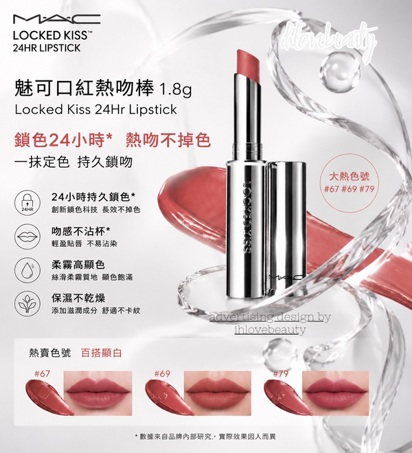 Mac 魅可口紅熱吻棒 1.8g Locked Kiss 24Hr Lipstick 大熱色號 #67 #69 #79