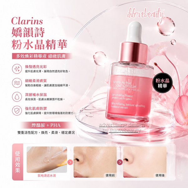 Clarins嬌韻詩 Multi-Active Glow Serum 粉水晶精華 #多效煥彩精華液 細緻肌膚