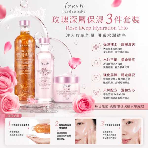Fresh馥蕾詩 玫瑰保濕3件套裝 Rose deep hydration trio 玫瑰深層保濕護膚套裝